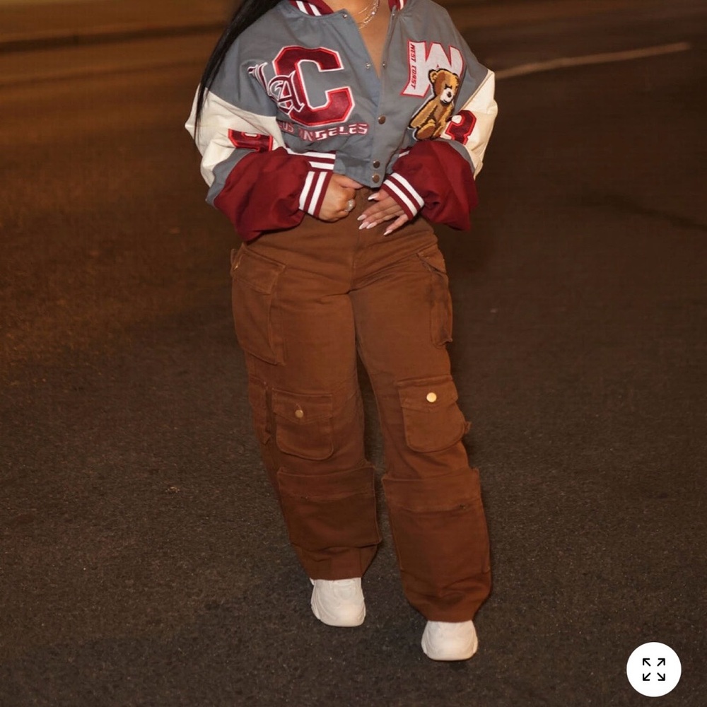 Fashion Nova Gray and Red cropped Cali jacket